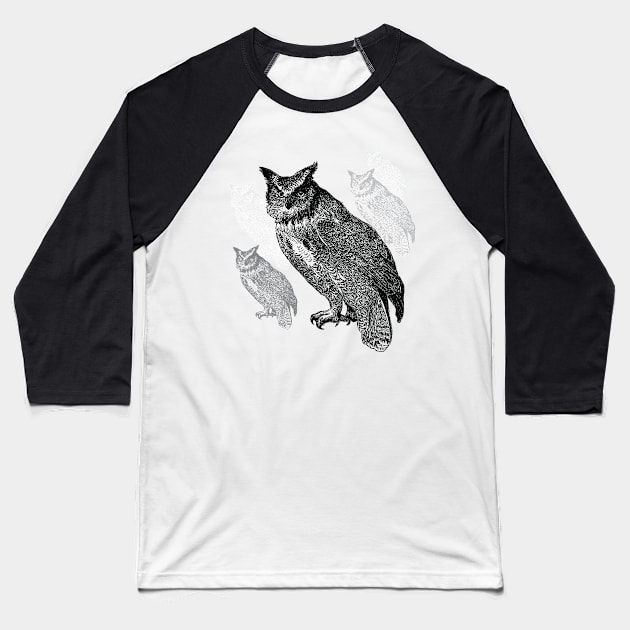 Lots of Spooky Owls, Great Horned Owl Pen and Ink Design Baseball T-Shirt by penandinkdesign@hotmail.com